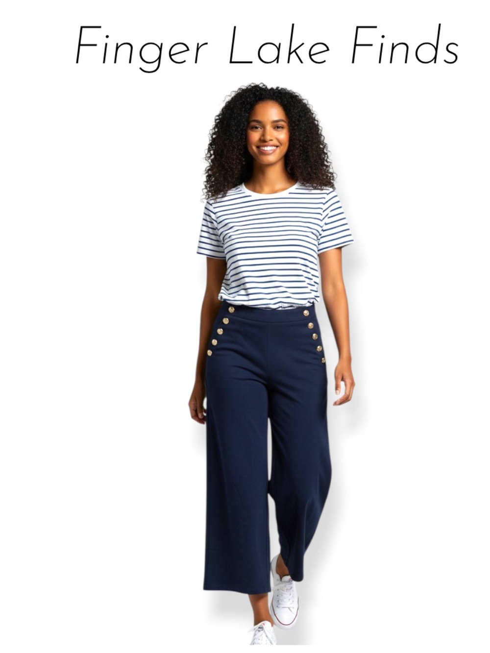 Navy Twill Cropped Sailor Pants with Gold Buttons, Waist 28"-30"